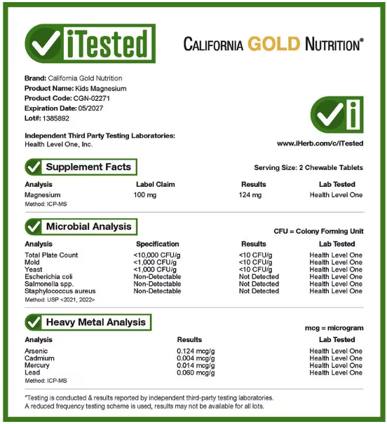 Magnesio, California Gold Nutrition, Cont. Neto 90 tabletas masticables sabor cereza - Imagen 5